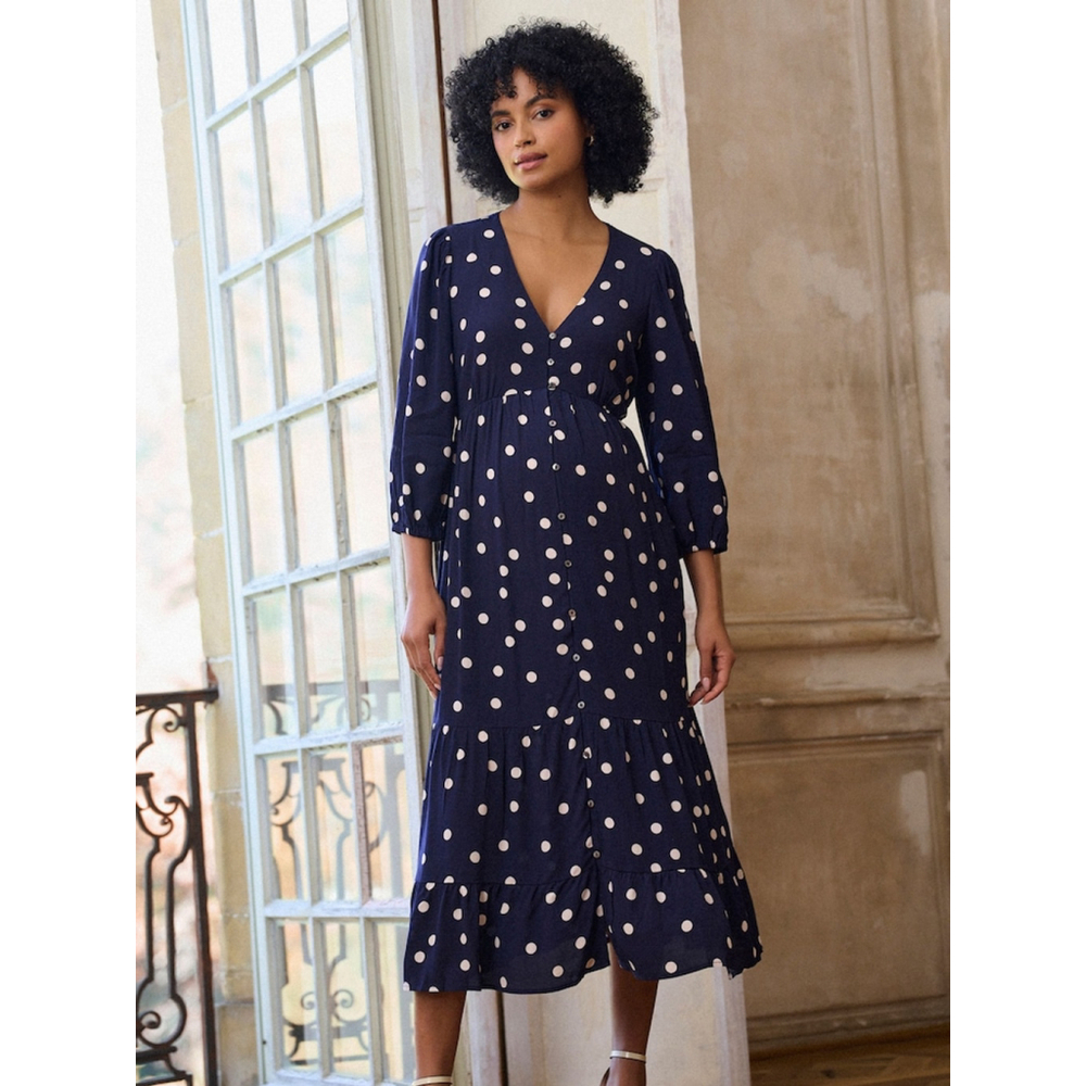 SERAPHINE Navy Polka Dot Midi Dress – V-Neck, Button Front, Lightweight Viscose